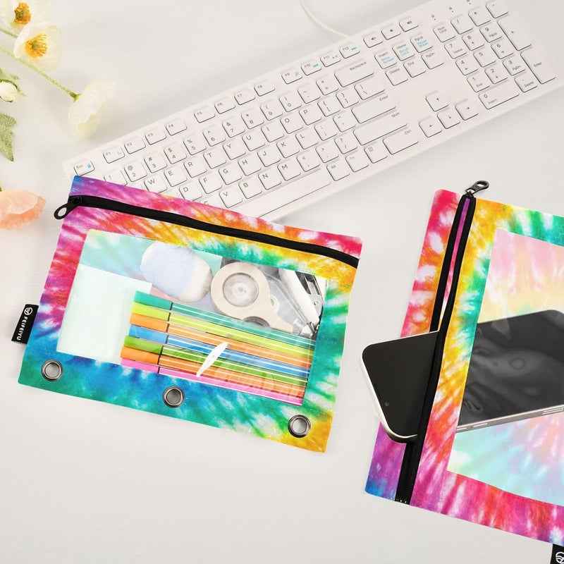 BOENLE Tie Dye Pencil Pouch for 3 Ring Binder, 2 Pack Waterproof Pencil Bags Clear Window Zipper School Office Supplies - Image 5